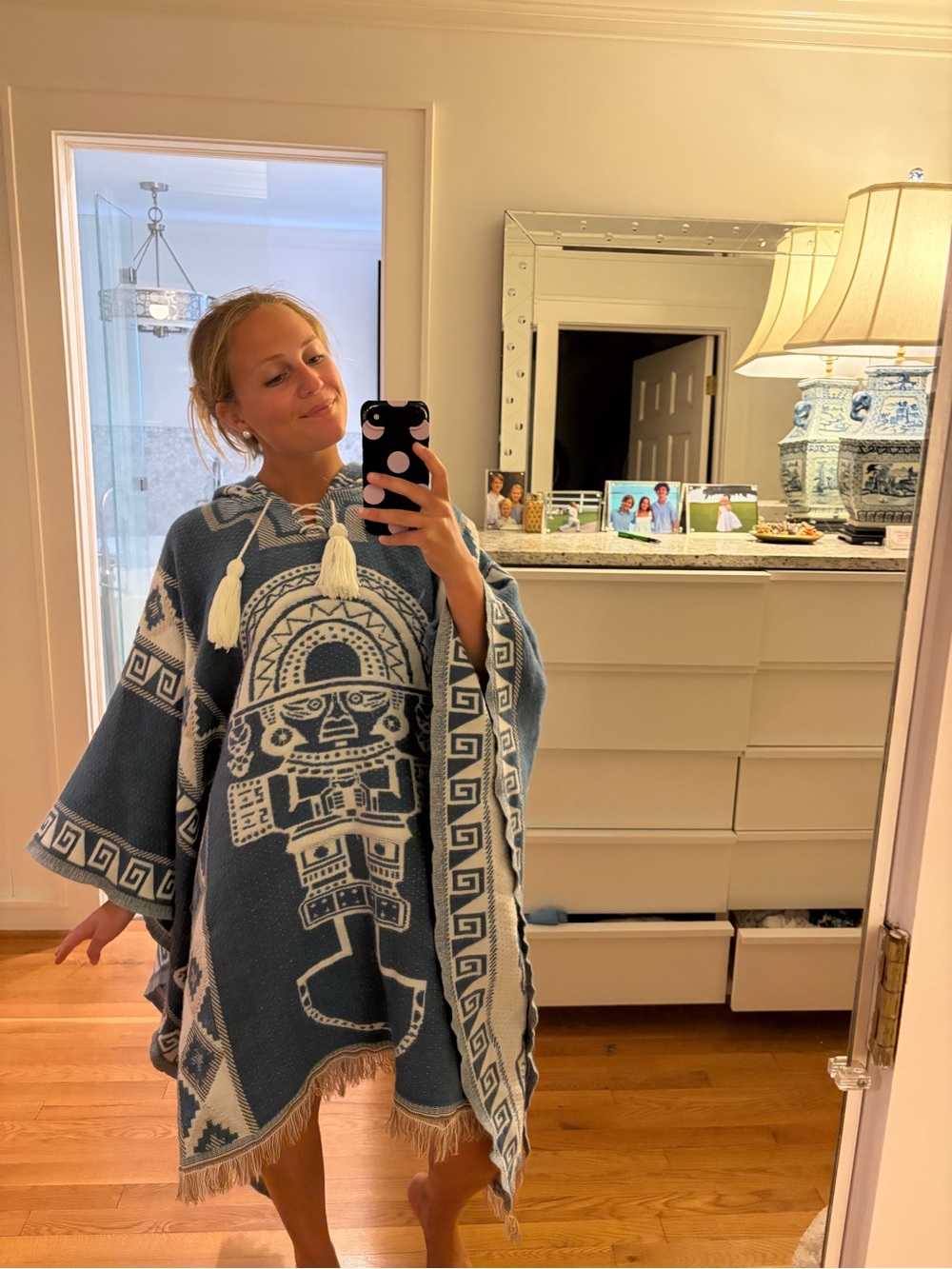 Blue and Cream Aztec Knit Poncho